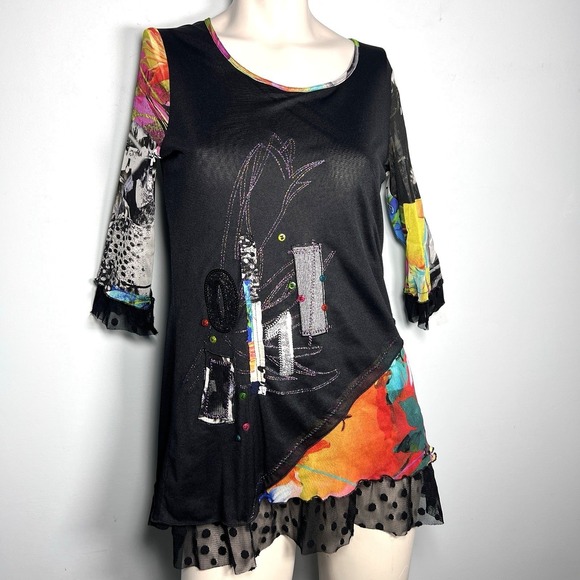 Artsy Mixed Media Patchwork Tunic Top L Black Floral Polka Dot Mesh Embellished - Picture 2 of 10